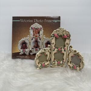 Victorian Photo Frame Set White Gold Pink Roses Four Photos Vtg Floral Flowers